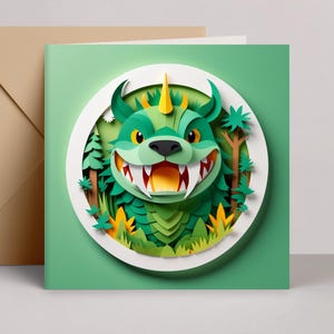 May include: A green greeting card featuring a paper-cut illustration of a friendly dragon with a yellow horn and sharp teeth. The dragon is set within a white circle, surrounded by trees and foliage. A brown envelope is visible in the background.