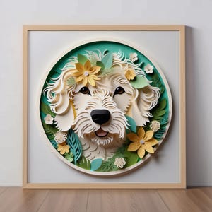 Goldendoodle Papercut Art: stampa di cane scarabocchiato, regalo per amanti dei cani, decorazione da parete, ritratto di animale domestico unico, arte digitale Labradoodle, mix di barboncino color crema