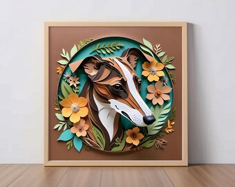 Lámina artística de galgo: ilustración de galgo atigrado estilo papercut, regalo para amantes de los perros, decoración de pared de whippet, retrato de mascota, memorial por la pérdida de una mascota