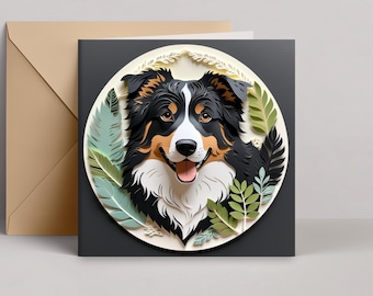 Australian Shepherd Greeting Card: Black Tri Aussie Papercut-Style Dog Art, 5x5 Square Card, Pet Loss Memorial, Dog Adoption Gift, Sympathy