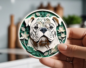English Bulldog Sticker: White Bulldog Papercut Style Art, Cute Dog Lover Gift, Unique Pet Loss Memorial, Bully Transparent Vinyl Decal