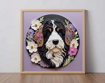 Puede incluir: Una obra de arte en papel enmarcada que presenta la cara de un perro rodeada de flores. El perro tiene pelo negro, marrón y blanco, con una nariz negra. Las flores son blancas, rosas y moradas, sobre un fondo lavanda.