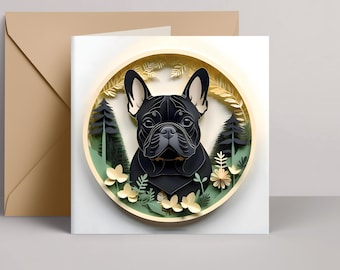 French Bulldog Greeting Card: Black Frenchie Papercut-Style Dog Art, 5x5 Square Card with Envelope, Pet Loss Memorial, Dog Adoption Gift
