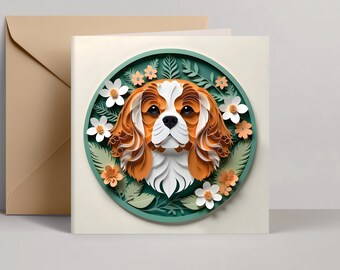 Cavalier King Charles Spaniel Greeting Card: Blenheim Cavalier Papercut-Style Dog Art, 5x5 Square Card, Pet Loss Memorial, Dog Adoption Gift