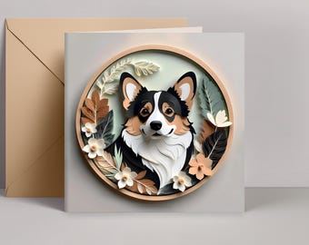 Corgi Greeting Card: Black Tricolor Welsh Corgi Papercut-Style Dog Art, 5x5 Square Card with Envelope, Pet Loss Memorial, Dog Adoption Gift
