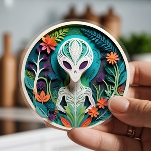 Alien Cute Cryptid Sticker: Vinyl Papercut Art Decal, Unique Monster Lover Gift, Laptop Car Planner Water Bottle, Mystery Animal, Gray, UFO