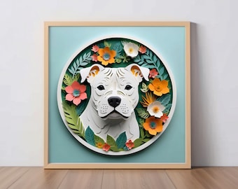 Staffordshire Bull Terrier Art Print: White Staffy Papercut-Style Decor, Dog Lover Gift, Unique Pet Portrait, Pitbull Artwork, Pet Loss Gift