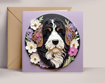 Bernedoodle Greeting Card: Papercut-Style Dog Art, 5x5 Square Card with Envelope, Pet Loss Memorial, Dog Adoption, Bernedoodle Lover Gift
