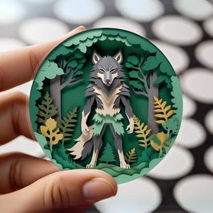 May include: A layered paper art piece featuring a wolf-like creature standing in a forest scene. The artwork is circular, with a green and gray color scheme. The wolf has gray fur and is surrounded by trees and foliage.