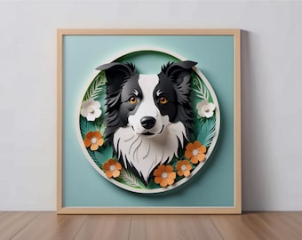 ボーダーコリーのアートプリント：黒の牧羊犬をモチーフにした切り絵風の装飾、アジリティドッグへのギフト、ユニークなペットの肖像画、ペットロスのメモリアルアート