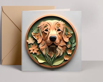 Golden Retriever Greeting Card: Red Golden Papercut-Style Dog Art, 5x5 Square Card with Envelope, Pet Loss Memorial, Dog Adoption Gift