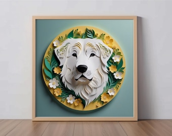 Pyrenäen Kunstdruck: Weißer Pyrenäen Papierschnitt-Stil Kunstwerk, Vieh Hüter Hunde Dekor, Hunde Liebhaber Geschenk, Haustier Porträt, Gedenkstätte Haustier Verlust