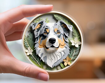 Australian Shepherd Sticker: Blue Merle Aussie Papercut Style Art, Cute Dog Lover Gift, Unique Pet Loss Memorial, Transparent Vinyl Decal