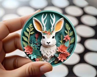 Jackalope Vinyl Sticker: Cute Cryptid Papercut Style Decal, Whimsical Folklore Art, Mythical Bunny with Antlers, Wilderness Creature Gift