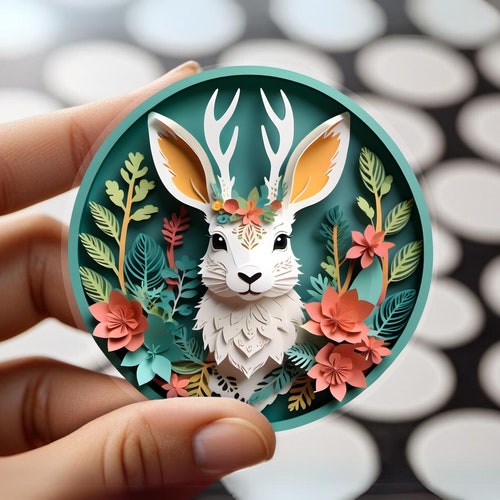 Jackalope Vinyl Sticker: Cute Cryptid Papercut Style Decal, Whimsical Folklore Art, Mythical Bunny with Antlers, Wilderness Creature Gift