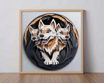 Impression d'art Cerbère : chien Hound of Hadès, décor de style papier découpé, cadeau de la mythologie grecque, fans de folklore et amateurs de monstres, chiot à trois têtes