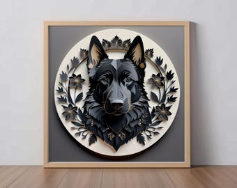 German Shepherd Art Print: Black GSD Papercut-Style Artwork, Dog Lover Gift, Pet Portrait, Pet Loss Memorial Gift, Police Dog Artwork