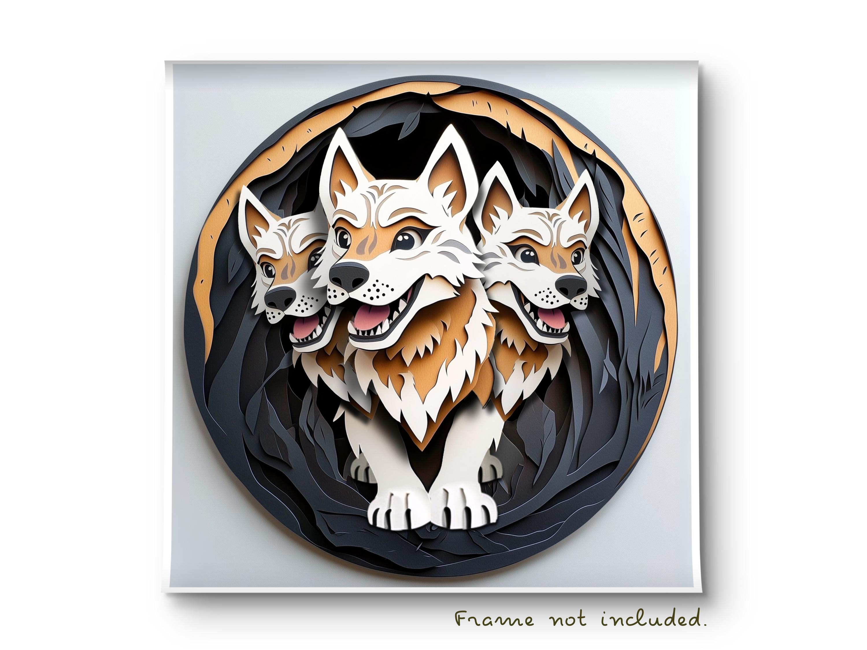 ケルベロスのアートプリント：ハデスの犬の切り絵風装飾、ギリシャ神話のギフト、民話ファンやモンスター愛好家、三つ頭の子犬 - Etsy 日本, image size:3000x2250