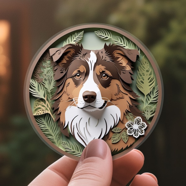 Australian Shepherd Sticker: Red Tri Aussie Vinyl Digital Papercut Art Decal, Unique Dog Lover Gift, Laptop Car Planner, Pet Mom, Mini