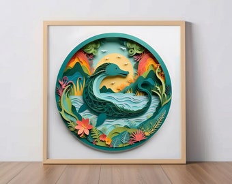 Loch Ness Monster Cute Cryptid Papercut Art: Nessie Print, Cryptid Fan Gift, Wall Decor, Unique Monster Digital Artwork, Folklore Poster