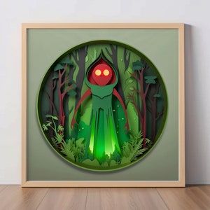 May include: A papercraft artwork depicting a green humanoid figure with glowing red eyes standing in a forest. The figure is surrounded by trees and foliage, creating a 3D effect.