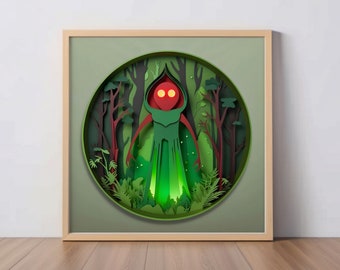 Flatwoods Monster Art Print: Papercut-Style Cryptid Artwork, Green Monster Alien, UFO Lore Wall Decor, Gift for West Virginia Folklore Fans