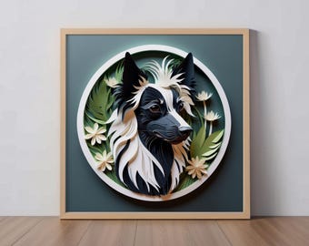 Chinese Crested Art Print: Hairless Crested Papercut-Style Artwork, Unique Pet Portrait, Powderpuff Dog Lover, Pet Loss Gift