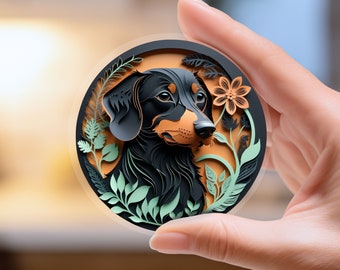 Dachshund Sticker: Black and Tan Longhair Doxie Papercut Style Art, Cute Dog Lover Gift, Unique Pet Loss Memorial, Weiner Dog Mom, Dog Dad