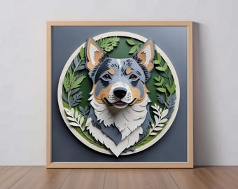 Australian Cattle Dog Art Print: Blue Heeler Papercut-Style Dog Artwork, Herding Breed Wall Decor, Unique Pet Portrait, Bluey Fan Gift