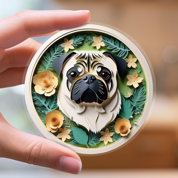 Pug Sticker - Vinyl Digital Papercut Art Style Decal - Unique Dog Lover Gift - Laptop Water Bottle Car Planner Cream Fawn - Gift for Pug Mom