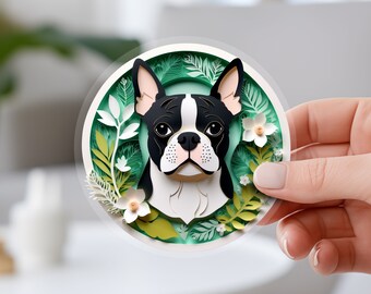Boston Terrier Sticker: Black Boston Bull Papercut Style Art, Cute Dog Lover Gift, Unique Pet Loss Memorial, American Gentleman Vinyl Decal