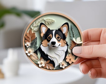 Pegatina de Corgi: Calcomanía artística de estilo recorte de papel con un Corgi galés Pembroke tricolor negro, un lindo regalo para amantes de los perros, un recuerdo único para la pérdida de una mascota, un cárdigan, para mamás perrunas.
