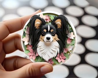 Papillon Sticker: Black Tricolor Papillon Papercut Style Art, Cute Dog Lover Gift, Unique Pet Loss Memorial, Transparent Vinyl Dog Decal
