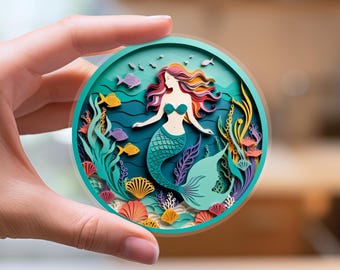 Mermaid Sticker: Mythical Siren Vinyl Decal, Digital Papercut Style, Underwater Fantasy Art, Unique Ariel Design, Little Mermaid Fan Gift