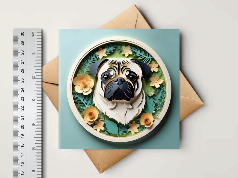 May include: A square greeting card featuring a pug's face in a circular frame with floral and leaf accents. The card is on a light blue background, with a brown envelope underneath. The ruler shows the card is approximately 4 inches wide.