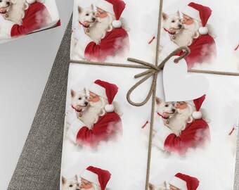 Westie-cadeaupapier voor de feestdagen! Een teder momentpatroon van de kerstman die liefdevol een westie vasthoudt, aangebracht op inpakpapier.