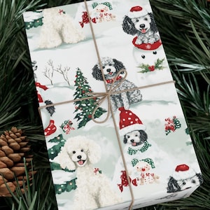 Papel de regalo de caniche de dibujos animados como envoltorio de caniche navideño: papel de regalo festivo para amantes de los perros en 3 opciones de tamaño.