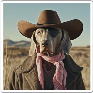 以下が含まれることがあります： カウボーイ姿のワイマラナー犬のステッカー。犬は茶色のカウボーイハット、眼帯、ピンクのスカーフ、茶色のコートを着ています。背景には、山と青い空のある砂漠の風景が描かれています。