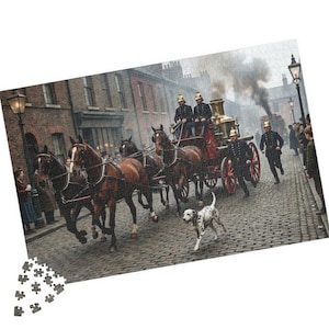 May include: A vintage puzzle depicting a horse-drawn fire engine racing down a cobblestone street. The scene includes firefighters in uniform, a Dalmatian dog, and onlookers. The puzzle is set in a historical era.