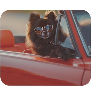Cool Black Pom Mouse Pad, Personalized Pomeranian Cruising Dog Desk Mat, Custom Sunglasses Dog Mousepad, Pom Mom Office Gift, Dog Desk Pad