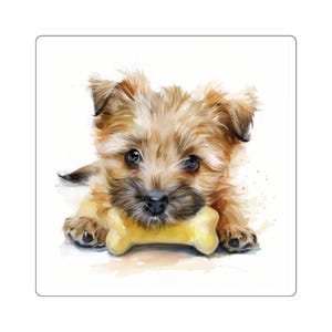 Square Sticker features a Cairn Terrier Puppy with bone in Watercolor print. 4 optional sizes: 2&quot;x2&quot;, 3&quot;x3&quot;, 4&quot;x4&quot;, & 6&quot;x6&quot;. (Indoor only)