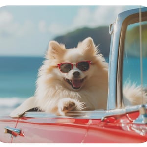 Leuke muismat (rechthoekig) met een schattige Pommerse hond met zonnebril die in een Europese top-down Pommerse auto rijdt! Coole hondenspulletjes!