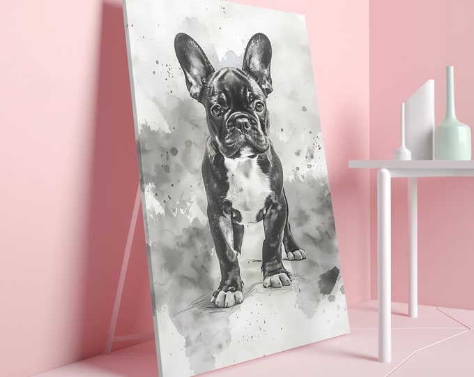 Op de matte verticale poster staat een zwart-witte Franse Bulldog uit onze Dog & Cat-printserie. Franse Bulldog-kunstwerken zagen er nog nooit zo goed uit!