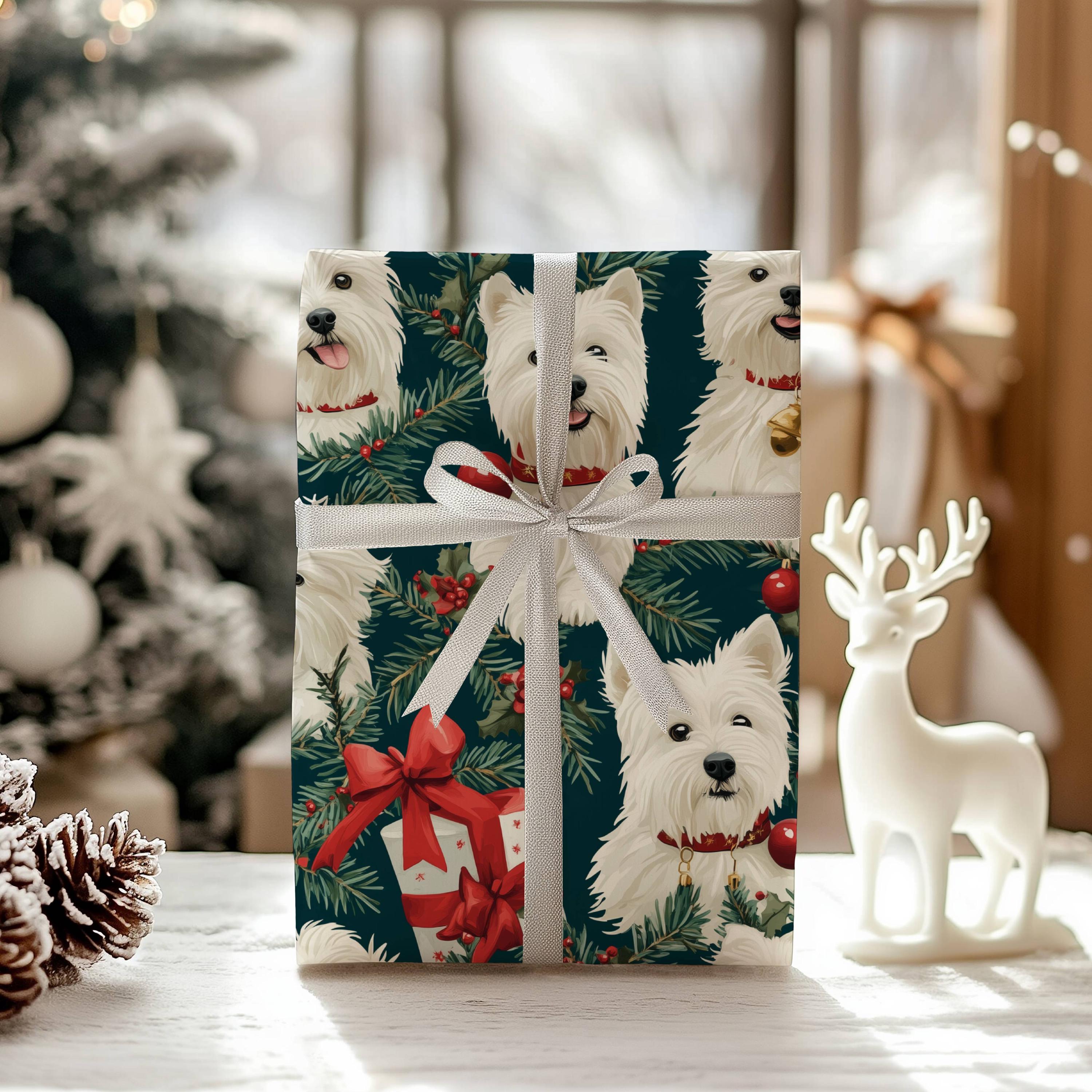 Cute Westie Dog Christmas Dog Gift Wrap Colorfully Animated Christmas  Holiday WestHighland White Terrier Gift Wrap Print Size Options!