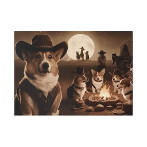 Cowboy Corgi Dogs Postcard features a Pembroke Welsh Corgi Dog and other Cowboy Corgis relaxing in an Outdoor Western style Campfire scene!