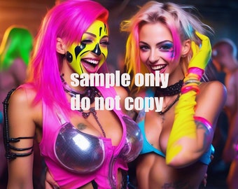 May include: Two women with colorful makeup and hair, wearing neon pink and blue tops, and colorful accessories. The women are smiling and looking at the camera.