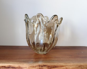 Authentic Amber Murano Glass Bowl – Hand-Blown Ruffled Centerpiece