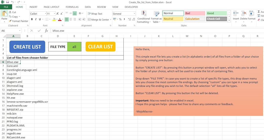 Excel template create list of files from folder etsy