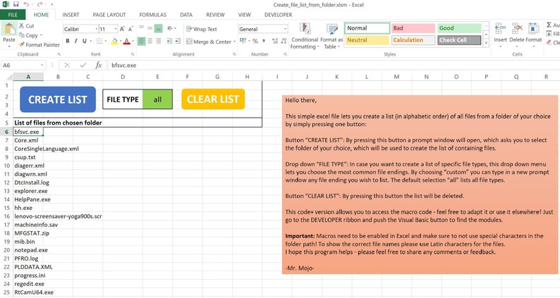 Excel Template Code+ Version - Create List of Files From Folder - Etsy