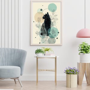 Cats in Nature Tones Boho Wall Prints Set of 4 | Bohemian Wall Art | Cat Abstract Prints |Geometric Art | Minimalist Style Plant Poster